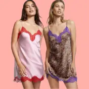 VICTORIA'S SECRET Silk Slip Nightgown Dress Lace Leopard/Pink Lilac XS,M,XL,2XL