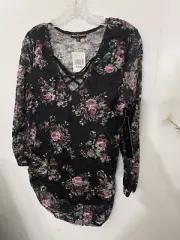 Almost famous XL black floral lace tunic V-neck stretchy neck top NWT