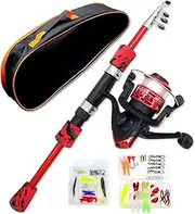 [ReelFin] Spinning Fishing Pole Kids –Telescopic Fishing Rod & Reel Combo, Tackle Box, Carry Bag for Boys and Girls with Full Kits Hooks Lure Case for Youth Fishing and Beginner
