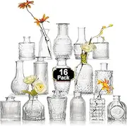 Glass Bud Vase Set of 16 Pcs，Small Flower Vase for Centerpieces，Clear Bud Vases in Bulk， Mini Vintage Vase for Rustic Wedding Decorations
