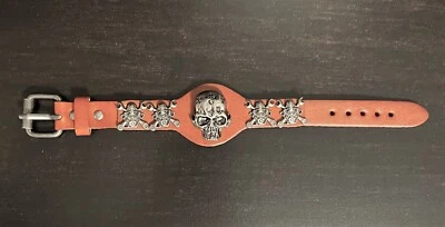 Genuine Brown Leather Mens Watch Style Bracelet Skull Bones Motorhead Crossbones