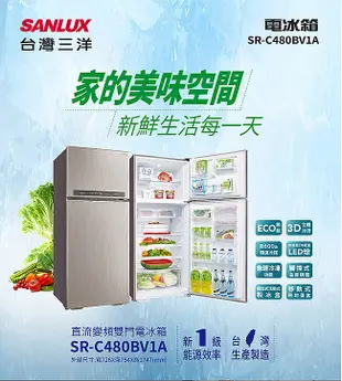 【SANLUX 台灣三洋】480L 雙門 變頻 電冰箱 SR-C480BV1A 一級節能 (9.4折)