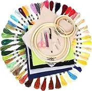 Glarks 78pcs Linen Fabric Embroidery Set Includes 50pcs Stitch Embroidery Thread 6pcs Embroidery Linen Cloth 6pcs Bamboo Circle Cross Stitch Hoop 10pcs Sewing Needles and 6pcs Tailoring Tools