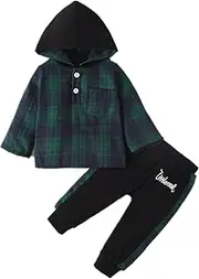 [Tepuce] Toddler Baby Boys Clothes Infant Fall Winter Outfits Flannel Lattice Button Down Long Sleeve Hoodied Tops +Pants Sets