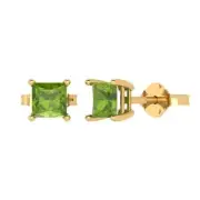1ct Princess Cut Natural Peridot gift Stud Earrings 14k Yellow Gold Push Back