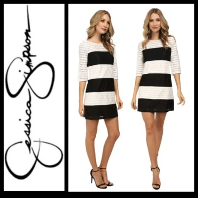 $148 Jessica Simpson Black Ivory Lace Overlay ColorBlock Cocktail Dress~12 M3020