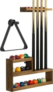 Wall Mounted Brown Wood Billiards Pool Cue Rack w/ Ball Storage Shelf Set & Hook