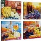 4 Panels Canvas Prints Wine Grapes Cheese Wall Art Elegant Artwork 12x12