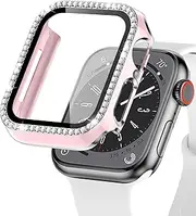 Bling Rhinestone Case Compatible with Apple Watch Case 38mm, Hard PC Diamond Protective Case with Tempered Glass Screen Protector for iWatch Series 3 2 1, Pink and Silver