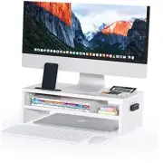 Monitor Stand Riser White, 2 Tiers Wood Monitor Riser Stand with Storage