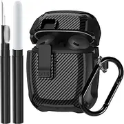 Compatible Google Pixel Bud Pro & Bud Pro 2 Case Lock Clip with Cleaner Kit, Military Shell Protective Armor Cover with Lock & Carabiner for Google Pixel Buds Pro 2022/2024, Black