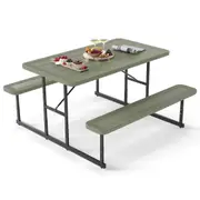 Costway 2-4 People Picnic Table Bench Set w/Umbrella Hole & Metal Frame Outdoor Camping Dining Table Chairs Green