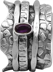 [MOONEYE] Spinner Ring|| Star Cut Hammered Band Amethyst Gemstone Spin Band 925 Sterling Silver Meditation Fidget Ring