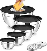 Mixing Bowls Set of 5, Stainless Steel Metal Salad Bowl with Airtight Lids & 3 Graters, Perfect for Baking, Cooking, Prepping Serving, Size 1/1.5/2/2.5/3.5/Qt （Black）