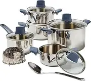 T-FAL Essentials Stainless Steel Cookware Set 12 Piece, Induction Compatible, Oven Safe 350F, Cooking Set w/Stewpots, Stockpot, Saucepan, Lids & Tools, Measuring Marks, Dishwasher Safe, Silver/Blue
