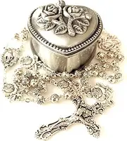 [elegantmedical] HANDMADE Silver rose beads Catholic 5 DECADE Rosary case Cross Gift Box Italy crucifix cross, 20" (50CM), Metal, No Gemstone