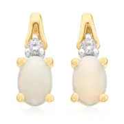 9ct Yellow Gold Oval Cut 6x4mm Opal & Diamond Stud Earrings
