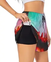 [GaxfjRu] Bright Beautiful Colorful Art Print Women's Running Shorts High Waisted Running Shorts Pocket Sporty Gym Elastic Short