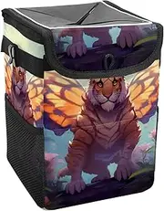 Car Trash Can with Lid and Storage Pockets Leak-Proof Organizer,Waterproof Garbage Can,Colorful Butterfly Tiger Illustration