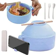 Ramen Bowl, Ramen Noodle Bowls Microwavable, Soup Containers with Lids, Ramen Bowl Set, Ramen Cooker,Ramen Noodle Bowl with Lid and Handle, for College Dorm, Homestay, Apartment Essentials (Blue)