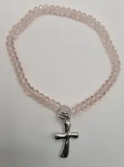 First Holy Communion Girls Light Pink Crystal Orthodox Cross Charm Bracelet BOX