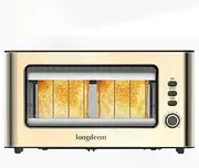 Clear View Toaster, LONGDEEM 1.75" Extra Long Slot Glass Toasters Stainless Steel 2 Slice with 6 Browning Control for Bagel, Defrost & Auto Shut Off with Removable Crumb Tray, Gold
