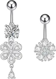 [GIVUFUN] 2 Pcs Women Cubic Zirconia Belly Button Rings Flower Shape Belly Dangle Ring, Stainless Steel, cubic zirconia