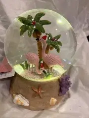 New Tropical Beach Christmas Pink Flamingo Santa Hat Water Globe Snow Light