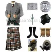 Mens 11PCS Grey Argyle Kilt Jacket Outfit Scottish Traditional Wedding Kilt Set