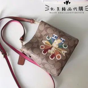 北美精品代購 COACH 6835 Mini 蔻馳新款 小號水桶包 字母印花小花朵單肩斜挎側背桶包 附購證