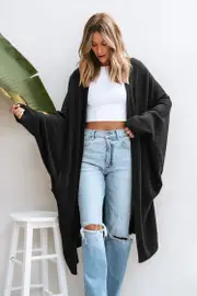 Cupshe Black Open Front Dolman Sleeve Duster Cardigan - Black,XL