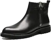 [Generic] Ankle Boot for Men Work Boot Round Toe Pull On StyleGenuine Leather Double Side Zipper Block Heel Burnished Colors Easy Care Men's Leather Shoes