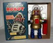 TR-2051 HA HA TOYS, REMOTE CONTROL, PISTON ACTION B/O ROBOT, GOLD/BLUE, NIB!