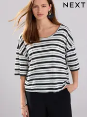 Black/White Stripe Linen Modal Blend Soft Touch Scoop Neck T-Shirt (AM2935) | $47