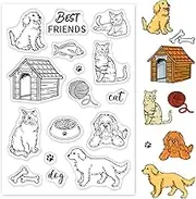 GLOBLELAND Animal Clear Stamps Cat Dog Fish Silicone Stamp Seal Dog Bowl Doghouse Transparent Stamps Cards for Card Making Scrapbooking Photo Journaling