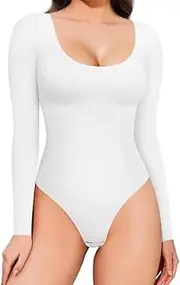 [FLYTENG] Women's Black Long Sleeve Bodysuit - Sexy & Comfortable Stretchy Tops - Shapewear Scoop Neck Slimming Body Suit for Women