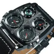 OULM Men's Watches Army Pilot 2 Time Zone Oversize Military Sport Leather Watch