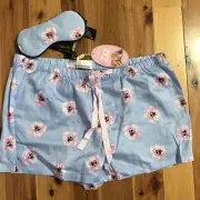 Peter Alexander Ladies Floral Print Cotton Pyjama Shorts & Eyemask- Size L BNWT