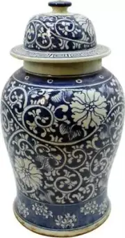 Temple Jar Vase DYNASTY Curly Vine and Flower Colors May Vary White Blue