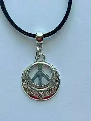 PEACE SIGN UNISEX SURFERS ADJUSTABLE SILVER NECKLACE VEGAN LEATHER SUEDE CORD