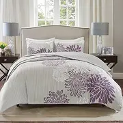 Comfort Spaces CS14-0066 Enya 3 Piece Quilt Coverlet Bedspread Ultra Soft Floral Printed Pattern Bedding Set, King, Purple-Grey