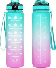 32 oz Water Bottles with Times to Drink and Straw, Motivational Water Bottle with Time Marker, Leakproof & BPA Free, Drinking Sports Water Bottle WIth Hand Strap for Fitness, Gym & Outdoor (green)