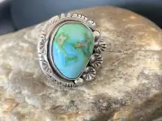 Womens Green Sonoran Turquoise Navajo Sterling Silver Ring Size 10.5 10423