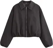 [PTBNRDC] Women's Cropped Jackets Zip Up Long Sleeve Lightweight Casual Coat