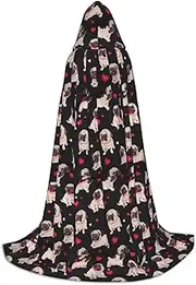 SKKNT Cute Pug Print Halloween Hooded Cloak Full Length Cape With Hood For Men And Women For Carnival