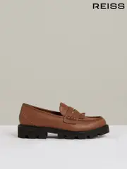Reiss Tan Lianna Leather Fringed Chunky Penny Loafers (AC9351) | $350