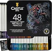 Castle Art Supplies 48 Piece Metallic Colored Pencil Set | 48 Shimmering Shades with Wax Cores for Professional, Adult Artists and Colorists | Protected and Organized in Presentation Tin Box