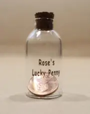 Unique Penny In Miniature Glass Bottle With Cork Stopper Roses lucky Penny 2001