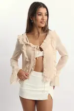 Beige Tie Up Top Long Sleeve V Neck Filled - Size 16XL, Women's Shirt