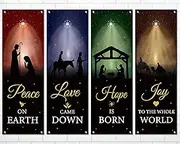 4Pcs Welcome Religious Christmas Banners for Church Sanctuary Wall - Hanging Backdrop Nativity Scene Banner Scripture - Holiday Porch Signs for School Nativity Decor